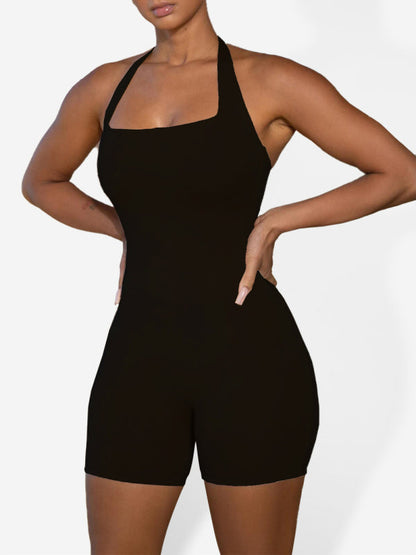 Tight Rompers- Solid Butt Lifting Backless Halter Romper Unitard- Black- Pekosa Women Clothing