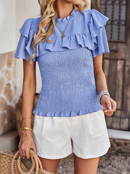 Top- Be Unstoppable in This Comfortable and Fashionable Ruffle Sleeve Blouse - Top- Blue- Pekosa Women Clothing