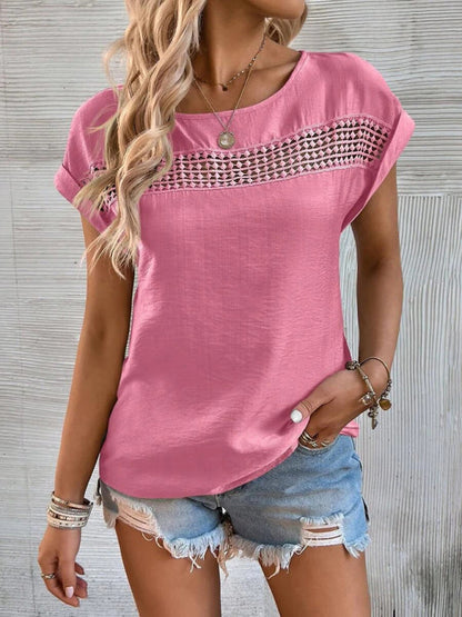 Top- Boho Chic T-Shirt with Lace Trim for Women- Rose- Pekosa Women Clothing