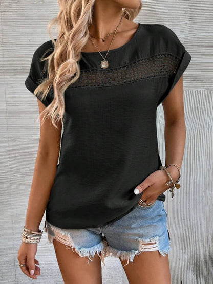 Top- Boho Chic T-Shirt with Lace Trim for Women- Black- Pekosa Women Clothing