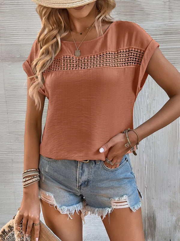 Top- Boho Chic T-Shirt with Lace Trim for Women- Brown- Pekosa Women Clothing