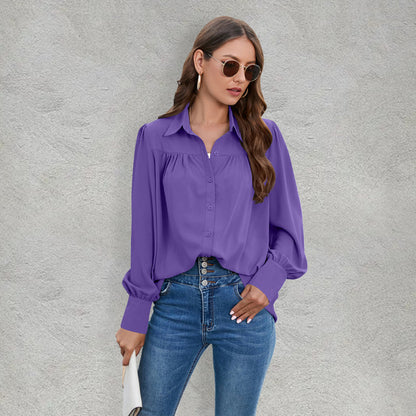 Top- Boho Chic with Puff Long sleeves Shirt - Women's Top- Purple- Pekosa Women Clothing