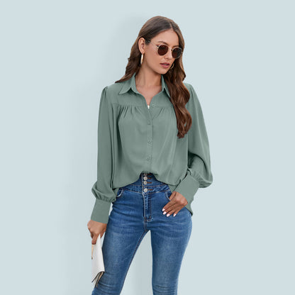 Top- Boho Chic with Puff Long sleeves Shirt - Women's Top- Green- Pekosa Women Clothing