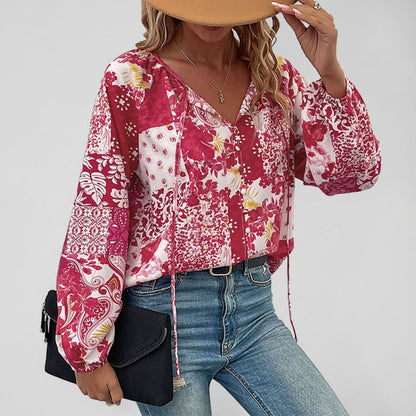 Top- Boho Floral Blouse with Balloon Sleeves and V-Neck for Women- Red- Pekosa Women Clothing