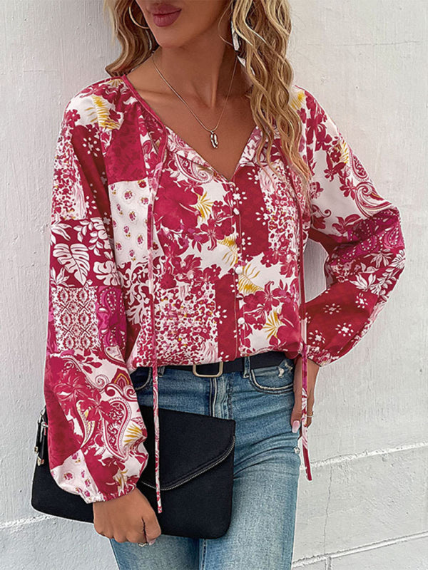 Top- Boho Floral Blouse with Balloon Sleeves and V-Neck for Women- - Pekosa Women Clothing