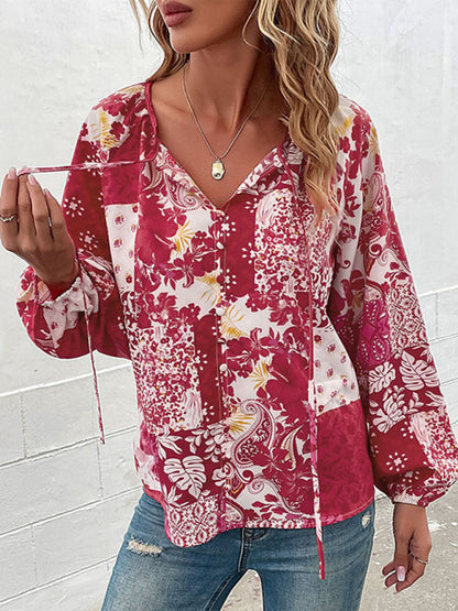 Top- Boho Floral Blouse with Balloon Sleeves and V-Neck for Women- - Pekosa Women Clothing