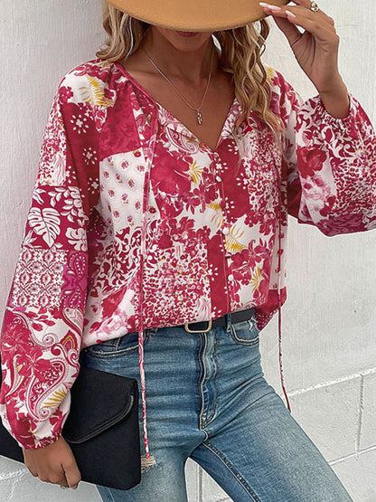 Top- Boho Floral Blouse with Balloon Sleeves and V-Neck for Women- - Pekosa Women Clothing