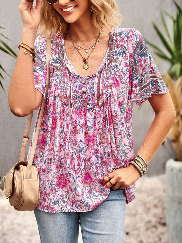 Top- Boho Floral Summer Short Sleeve Blouse for Any Occasion- Pink- Pekosa Women Clothing