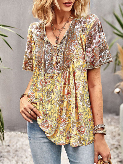 Top- Boho Floral Summer Short Sleeve Blouse for Any Occasion- Yellow- Pekosa Women Clothing