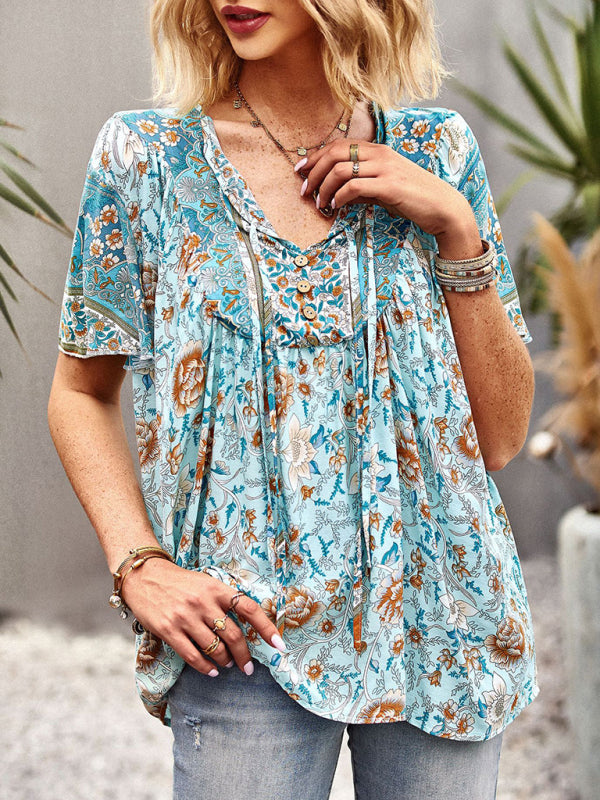 Top- Boho Floral Summer Short Sleeve Blouse for Any Occasion- - Pekosa Women Clothing