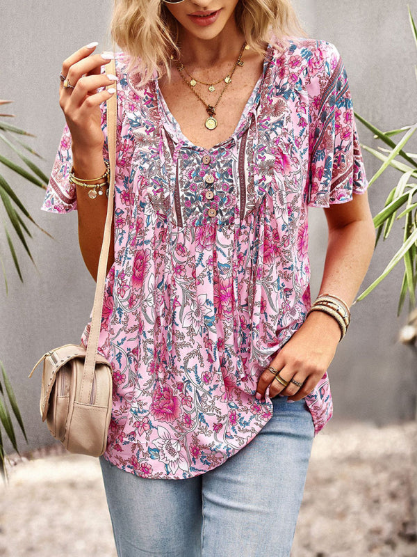 Top- Boho Floral Summer Short Sleeve Blouse for Any Occasion- - Pekosa Women Clothing