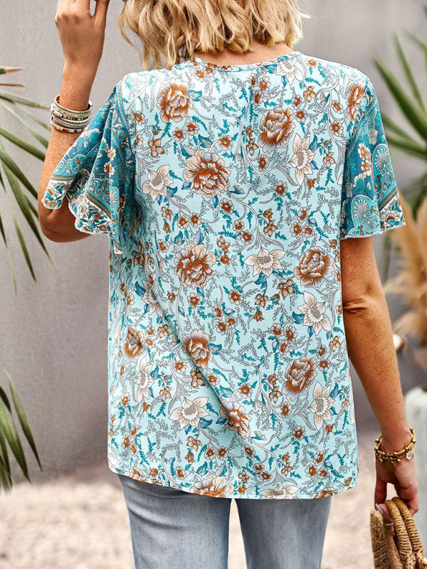 Top- Boho Floral Summer Short Sleeve Blouse for Any Occasion- - Pekosa Women Clothing