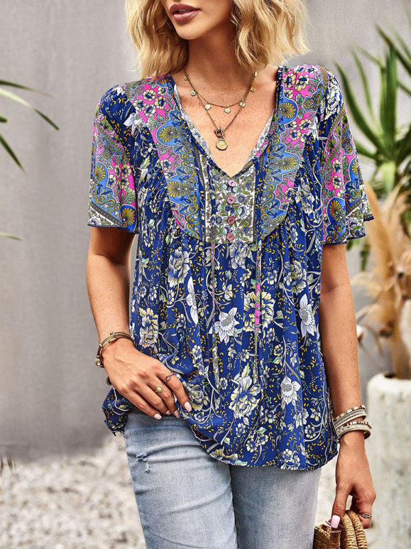 Top- Boho Floral Summer Short Sleeve Blouse for Any Occasion- - Pekosa Women Clothing