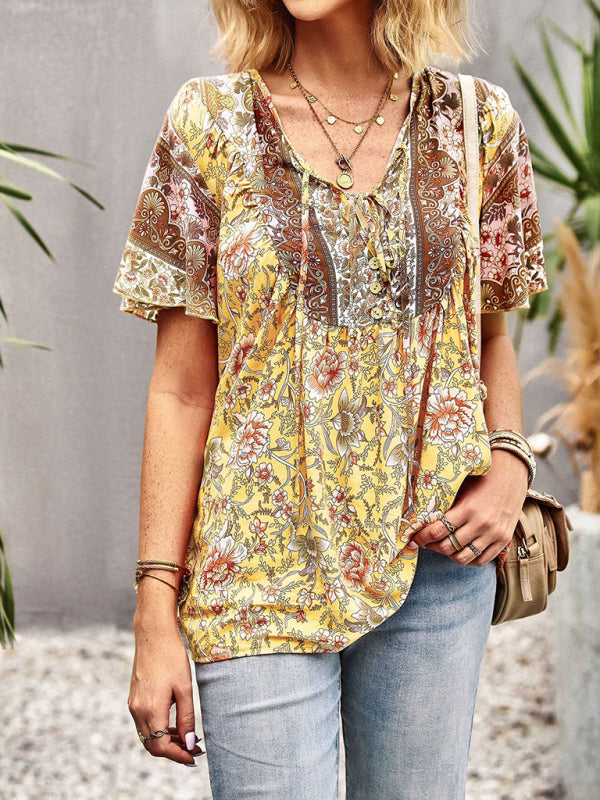 Top- Boho Floral Summer Short Sleeve Blouse for Any Occasion- - Pekosa Women Clothing