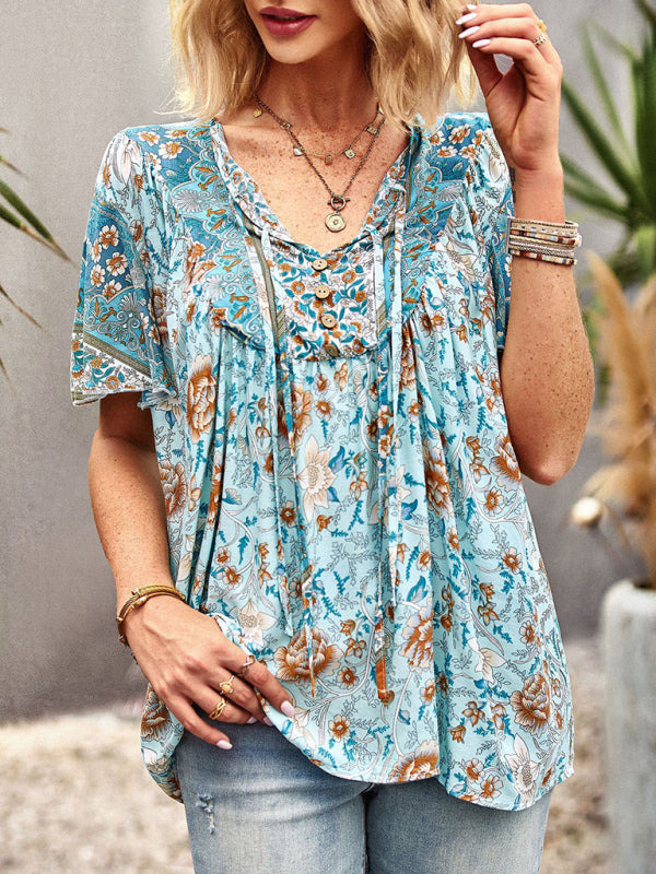 Top- Boho Floral Summer Short Sleeve Blouse for Any Occasion- - Pekosa Women Clothing