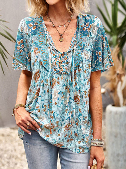 Top- Boho Floral Summer Short Sleeve Blouse for Any Occasion- - Pekosa Women Clothing