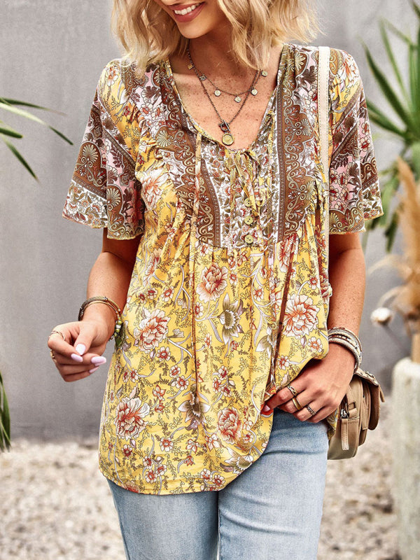 Top- Boho Floral Summer Short Sleeve Blouse for Any Occasion- - Pekosa Women Clothing