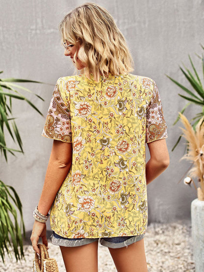 Top- Boho Floral Summer Short Sleeve Blouse for Any Occasion- - Pekosa Women Clothing