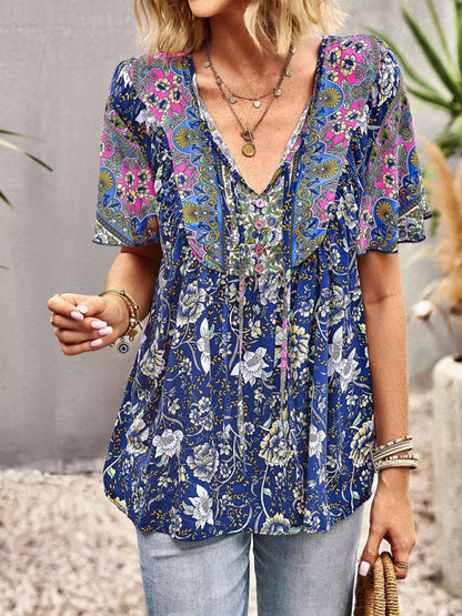 Top- Boho Floral Summer Short Sleeve Blouse for Any Occasion- - Pekosa Women Clothing