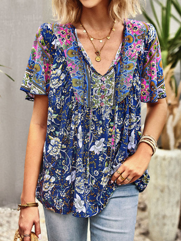 Top- Boho Floral Summer Short Sleeve Blouse for Any Occasion- - Pekosa Women Clothing