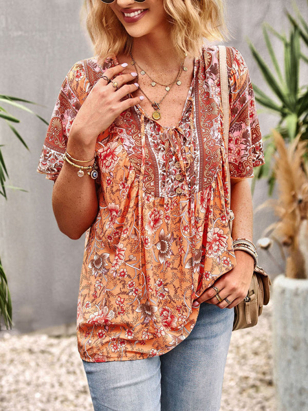 Top- Boho Floral Summer Short Sleeve Blouse for Any Occasion- - Pekosa Women Clothing