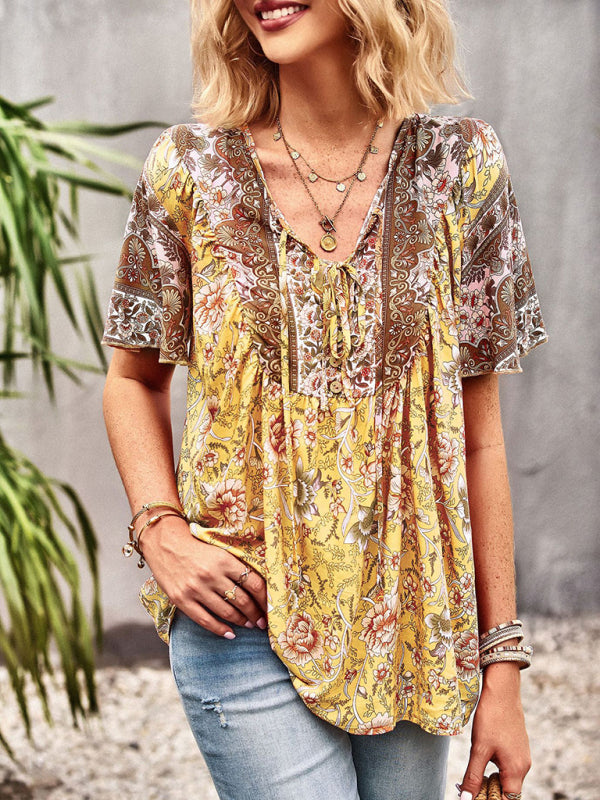 Top- Boho Floral Summer Short Sleeve Blouse for Any Occasion- - Pekosa Women Clothing