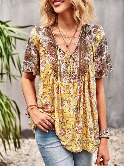 Top- Boho Floral Summer Short Sleeve Blouse for Any Occasion- - Pekosa Women Clothing