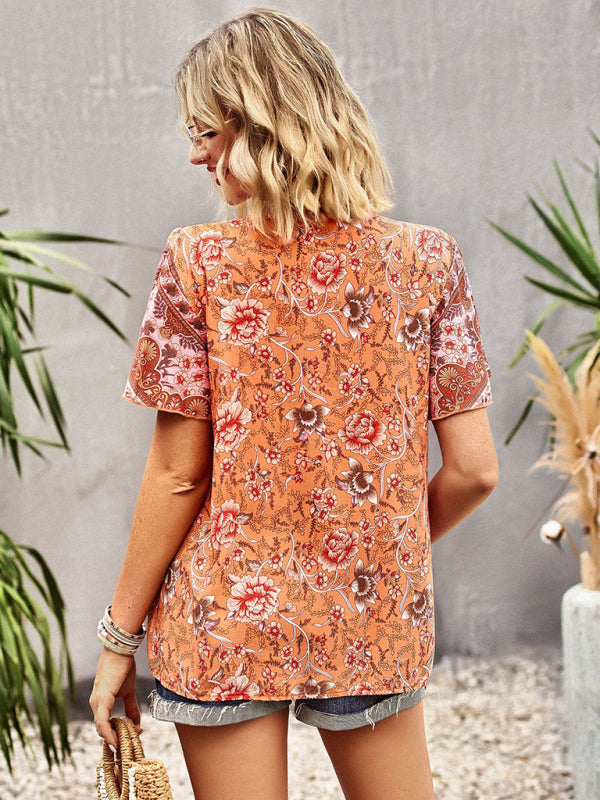 Top- Boho Floral Summer Short Sleeve Blouse for Any Occasion- - Pekosa Women Clothing