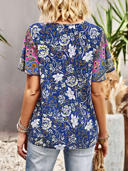 Top- Boho Floral Summer Short Sleeve Blouse for Any Occasion- - Pekosa Women Clothing