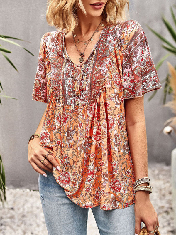 Top- Boho Floral Summer Short Sleeve Blouse for Any Occasion- - Pekosa Women Clothing