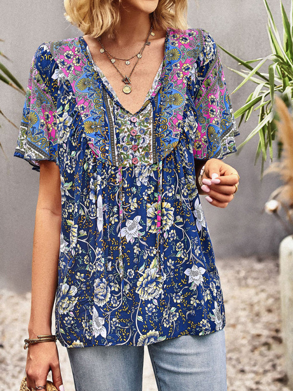 Top- Boho Floral Summer Short Sleeve Blouse for Any Occasion- - Pekosa Women Clothing