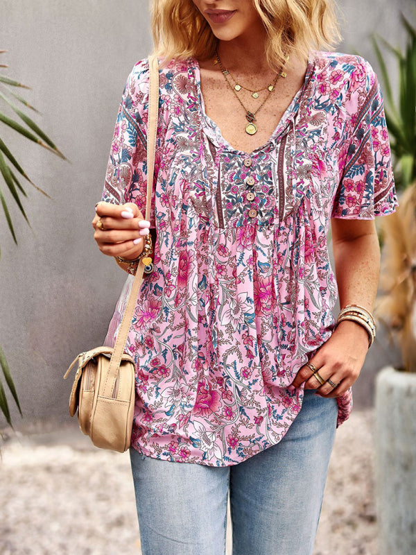 Top- Boho Floral Summer Short Sleeve Blouse for Any Occasion- - Pekosa Women Clothing