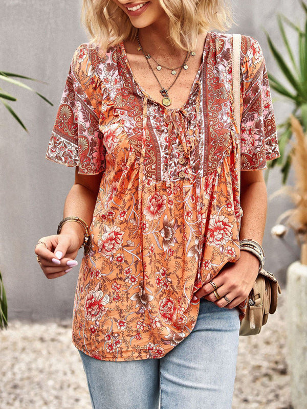 Top- Boho Floral Summer Short Sleeve Blouse for Any Occasion- - Pekosa Women Clothing