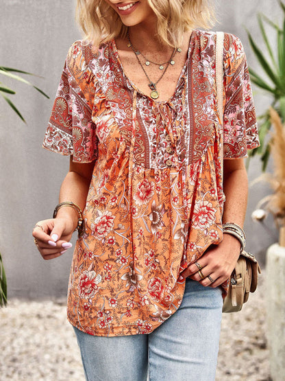 Top- Boho Floral Summer Short Sleeve Blouse for Any Occasion- - Pekosa Women Clothing