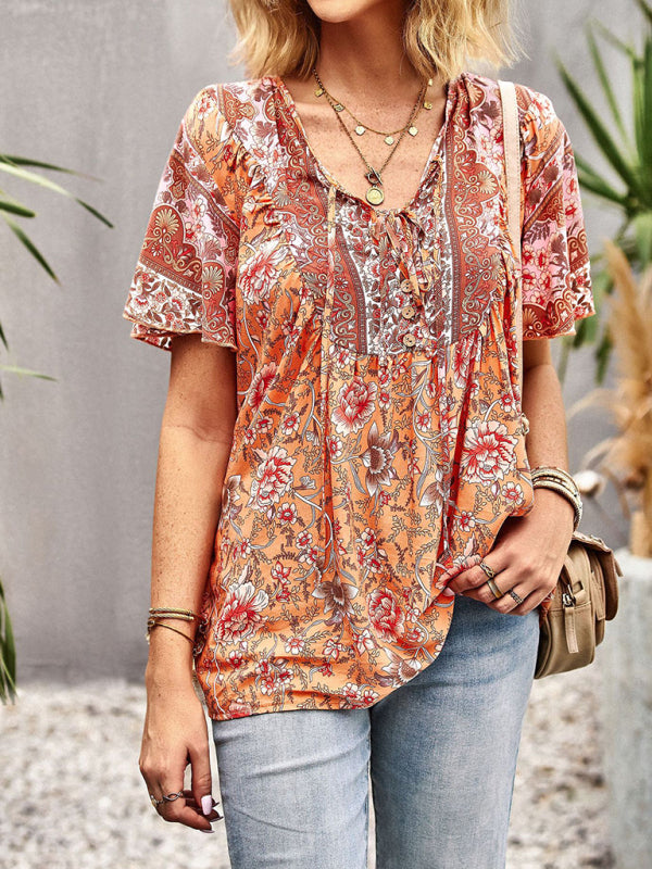 Top- Boho Floral Summer Short Sleeve Blouse for Any Occasion- - Pekosa Women Clothing