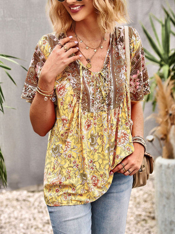 Top- Boho Floral Summer Short Sleeve Blouse for Any Occasion- - Pekosa Women Clothing