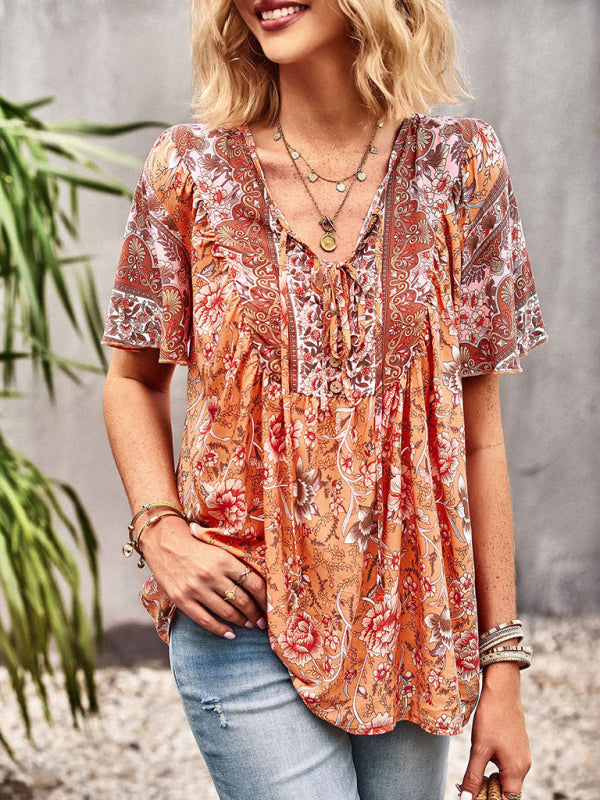 Top- Boho Floral Summer Short Sleeve Blouse for Any Occasion- Orange- Pekosa Women Clothing