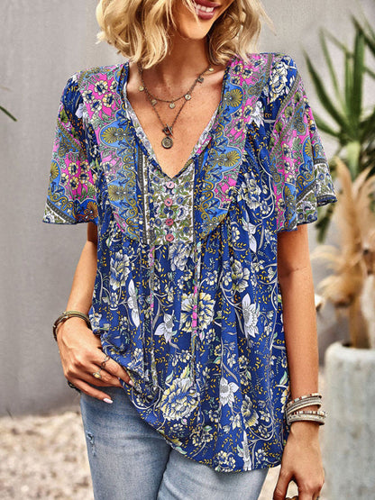 Top- Boho Floral Summer Short Sleeve Blouse for Any Occasion- Purplish blue navy- Pekosa Women Clothing