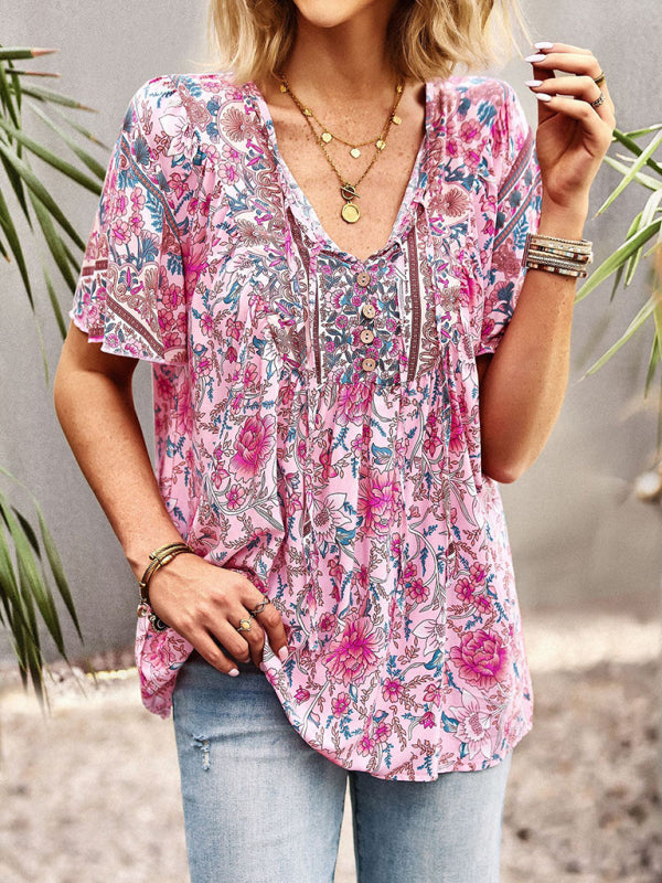 Top- Boho Floral Summer Short Sleeve Blouse for Any Occasion- - Pekosa Women Clothing