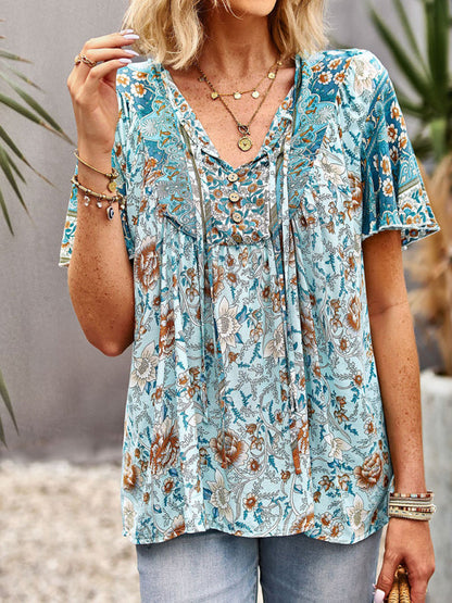 Top- Boho Floral Summer Short Sleeve Blouse for Any Occasion- Blue- Pekosa Women Clothing