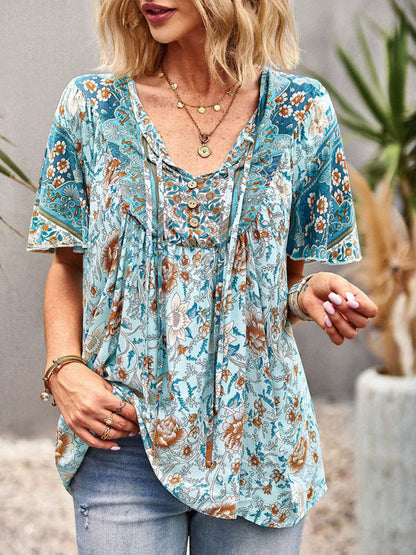 Top- Boho Floral Summer Short Sleeve Blouse for Any Occasion- - Pekosa Women Clothing