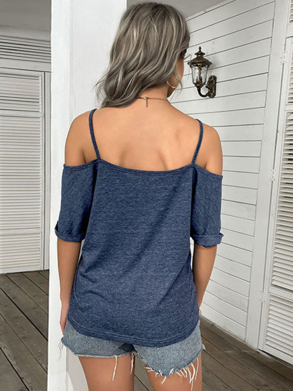 Top- Casual Women's Spaghetti Strap T-Shirt with Cold Shoulder and Open Back- - Pekosa Women Clothing