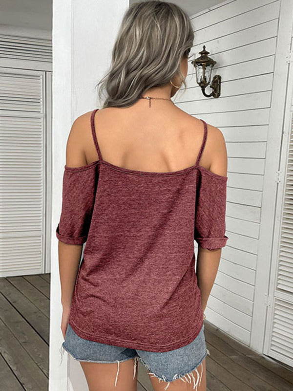 Top- Casual Women's Spaghetti Strap T-Shirt with Cold Shoulder and Open Back- - Pekosa Women Clothing