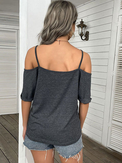 Top- Casual Women's Spaghetti Strap T-Shirt with Cold Shoulder and Open Back- - Pekosa Women Clothing