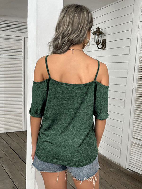 Top- Casual Women's Spaghetti Strap T-Shirt with Cold Shoulder and Open Back- - Pekosa Women Clothing