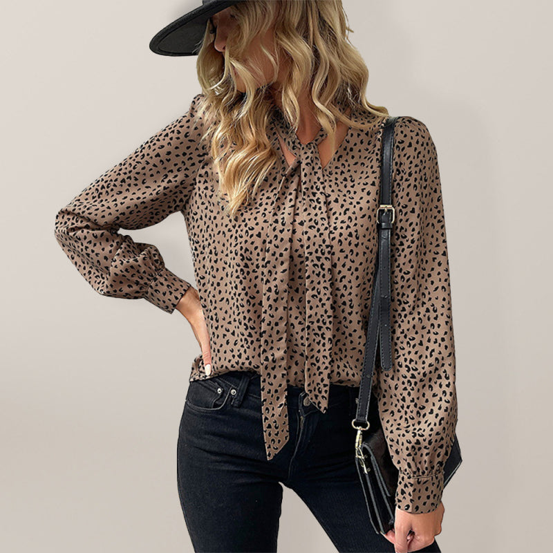 Top- Cheetah Print Tie Tunic Blouse - Women's Top- Khaki- Pekosa Women Clothing