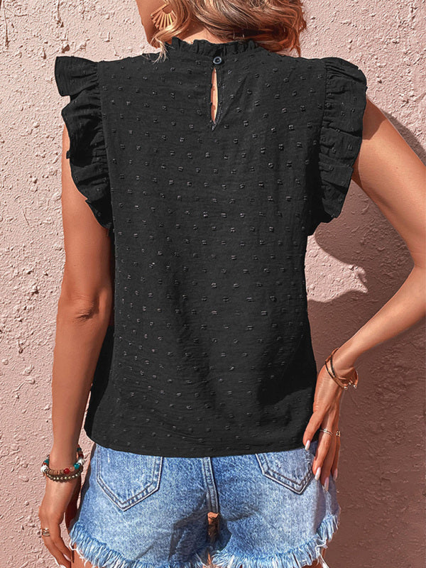 Top- Chic Dotted Delight: Women's Blouse with Mock Neck & Guipure Lace Inlay- - Pekosa Women Clothing