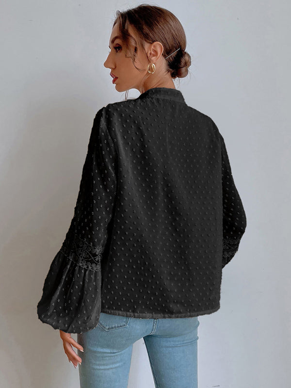 Top- Chiffon Swiss Dot Casual Blouse with Long Sleeves- - Pekosa Women Clothing