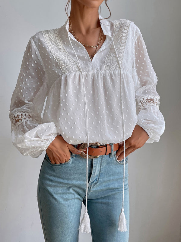 Top- Chiffon Swiss Dot Casual Blouse with Long Sleeves- - Pekosa Women Clothing