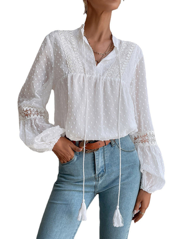 Top- Chiffon Swiss Dot Casual Blouse with Long Sleeves- - Pekosa Women Clothing